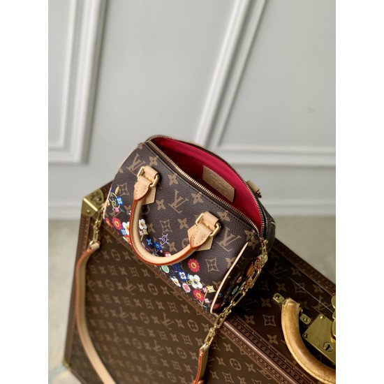 M14175，本款 Speedy Bandoulire 20 手袋融合 Monogram 帆布和牛皮革饰边，再借路易威登 x 村上隆再版系列的明快元素传递潮流格调。前后以村上隆的“超扁平”艺术理念重绎 Monogram 花卉图案，拉链开合处饰有耀目挂锁，Toron 手柄和可拆卸并调节的链条实现舒适背携。13.5 x 12 x 20.5 厘米(高 x 宽 x 长度)