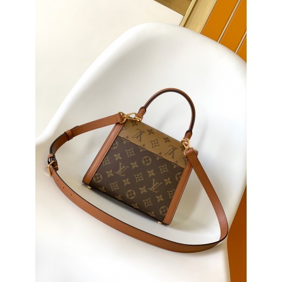 p DAUPHINE CAPITALE 手袋新款 M46751 Dauphine Capitale 手袋融合 Monogram 和 Monogram Reverse 涂层帆布，老花黄花拼色达芙妮凯莉包oo[握手][握手]搭配牛皮革饰边。梯形设计流露复古气息，加长版 LV磁扣点睛别致细节。尺寸：17.5x17.5x9厘米（长度x高x宽）