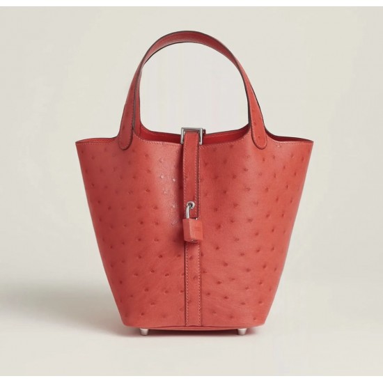 Style：Picotin lockColour：S5番茄红Size：18cmLeather：ostrichHardware：sliver菜篮18cm，南非进口KK/番茄红鸵鸟皮，银扣，高级全手工专属定制‼️