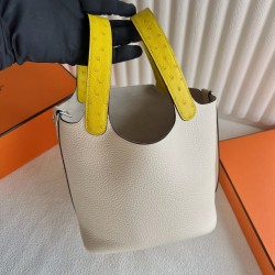 picotin18cm clememce 原厂御用大牛皮奶油白拼 kk ostrich 鸵鸟皮 柠檬黄 蜡线全缝 银扣