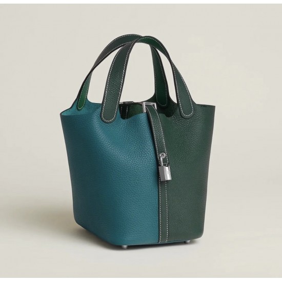 Style：Picotin lockColour：Vert Cypres （6O松林绿）/W0（博斯普鲁斯绿）Size：18cmLeather：clemenceHardware：sliver菜篮18cm，松柏绿/博普鲁斯绿，银扣，高级全手工专属定制‼️