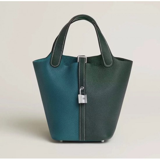 Style：Picotin lockColour：Vert Cypres （6O松林绿）/W0（博斯普鲁斯绿）Size：18cmLeather：clemenceHardware：sliver菜篮18cm，松柏绿/博普鲁斯绿，银扣，高级全手工专属定制‼️